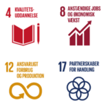 Vi arbejder strategisk med 4 verdensmål: Kvalitetsuddannelse (4), Anstændige job og økonomisk vækst (8), Ansvarligt forbrug og produktion (12) samt Partnerskab for handling (17).