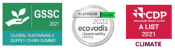 Bedste organisation inden for global bæredygtig forsyning 2021 • Platinklassificering i 2022 for 2. år i træk (ecovadis) • Climate champion for 11. år i træk (CDP)