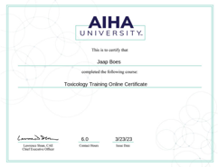 AIHA Toxicology Training Certificate